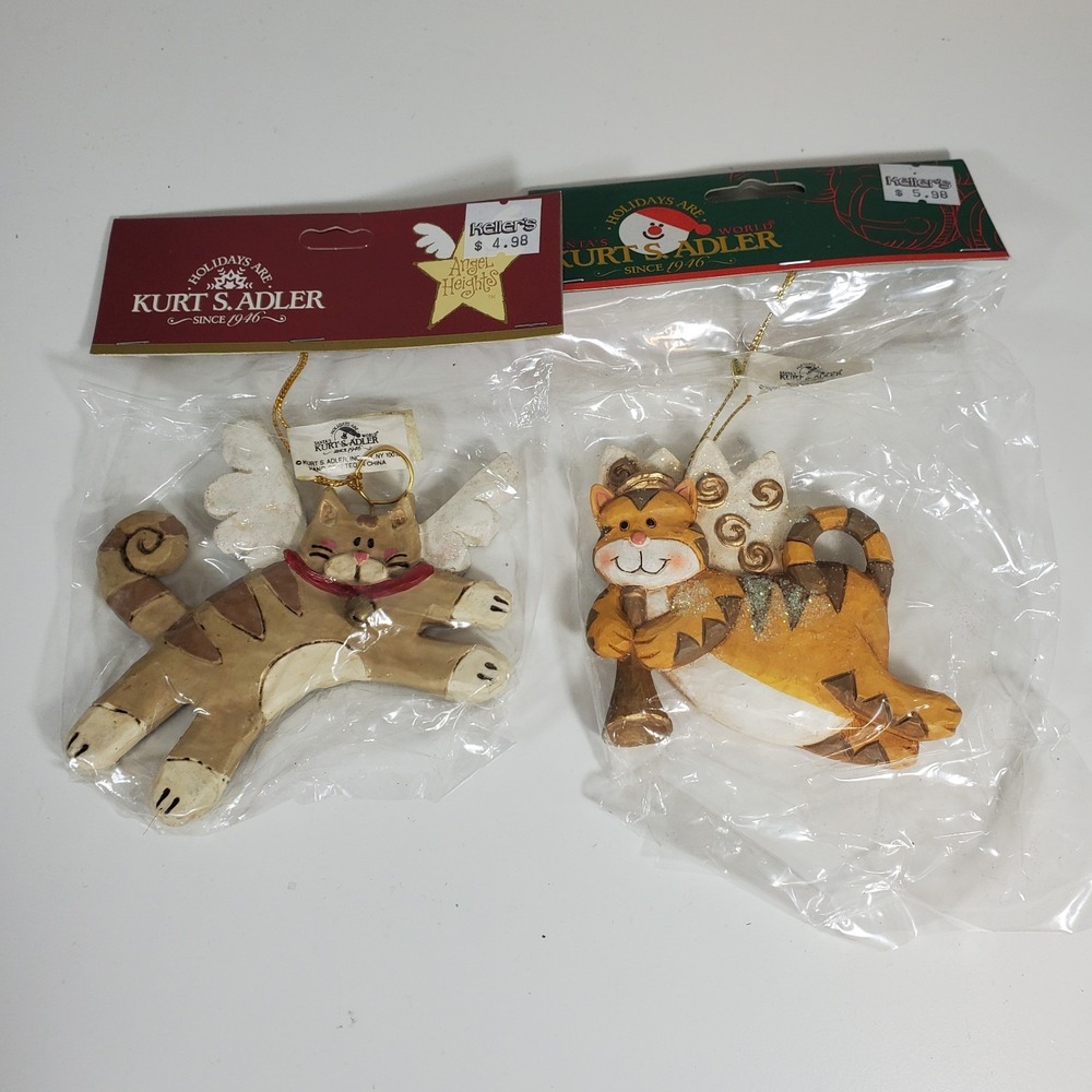 2 Kurt Adler Glitter Cat Angels Christmas Ornament Brown Orange Kittens New NIP